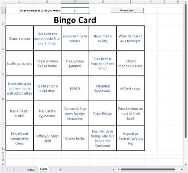 How do I make a bingo board in Excel?
